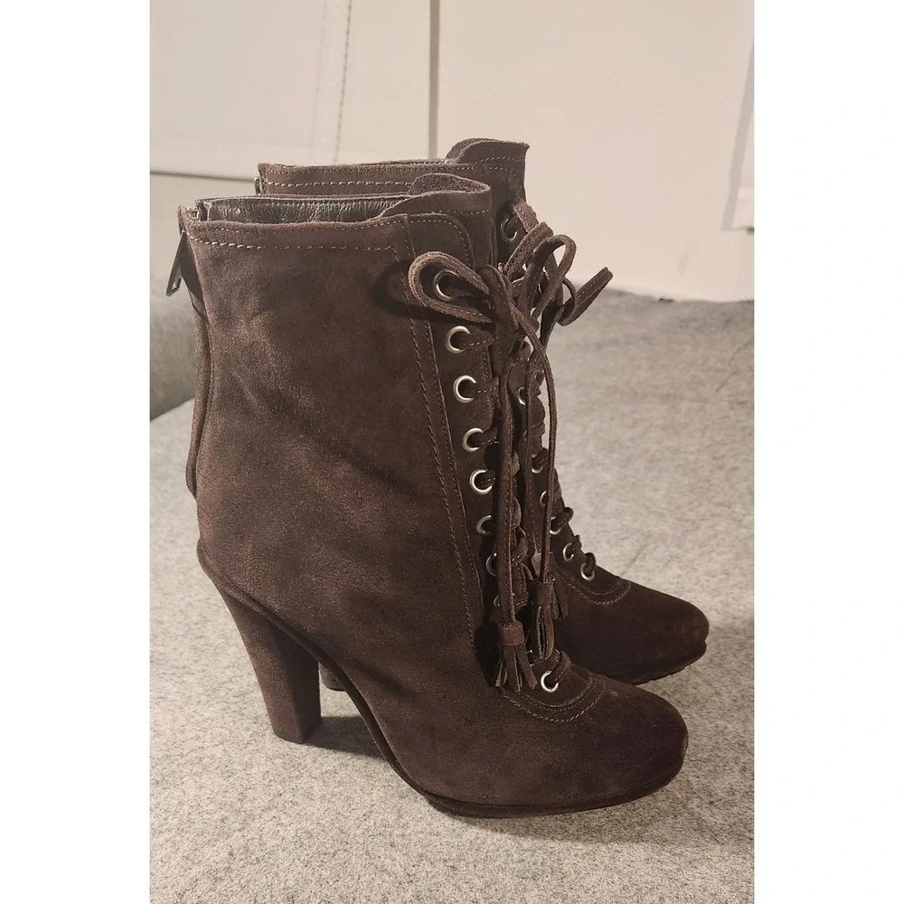 AllSaints Boots Womens Size 9‎ Brown Suede Grimsby High Block Heel Zips Lug Sole